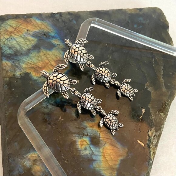VTG Kabana Sterling Silver 925 Dimensional Sea Turtle Trio Dangle Drop Earrings - Picture 4 of 16